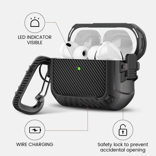 AirPods 3 Full Body Case – Hard Shell Shockproof with Lock & Keychain-Matte Black