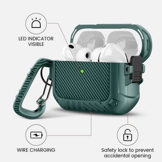 AirPods 3 Case with Lock & Keychain – Durable Shockproof Protection-Midnight Green