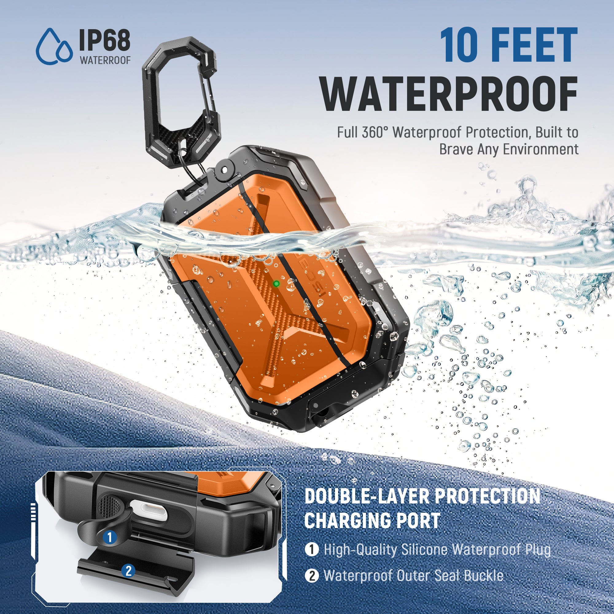 AirPods Pro 3 Case – IP68 Waterproof & Shockproof with MagSafe and Secure Lock-Orange