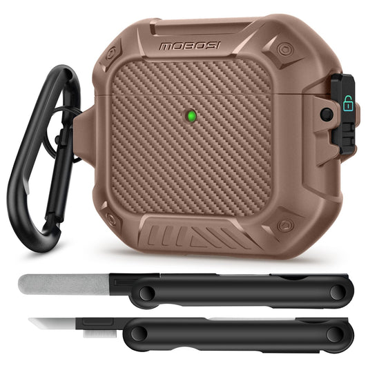 AirPods 4 Brown Case Cover, Shockproof Hard Shell with Lock, Keychain & Cleaner Kit