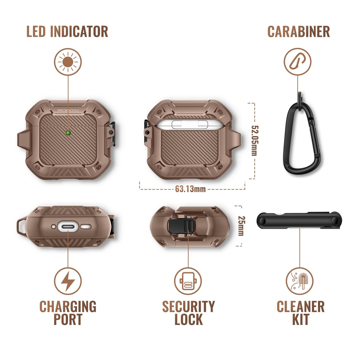 AirPods 4 Brown Case Cover, Shockproof Hard Shell with Lock, Keychain & Cleaner Kit