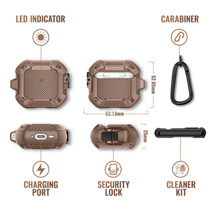 AirPods 4 Brown Case Cover, Shockproof Hard Shell with Lock, Keychain & Cleaner Kit