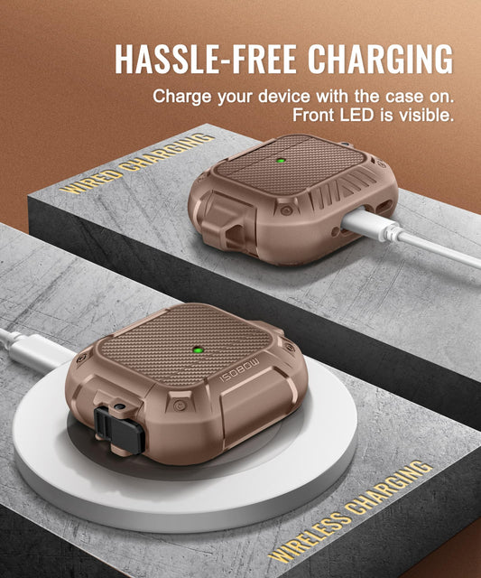 AirPods 4 Brown Case Cover, Shockproof Hard Shell with Lock, Keychain & Cleaner Kit