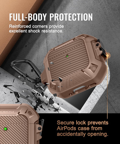 AirPods 4 Brown Case Cover, Shockproof Hard Shell with Lock, Keychain & Cleaner Kit