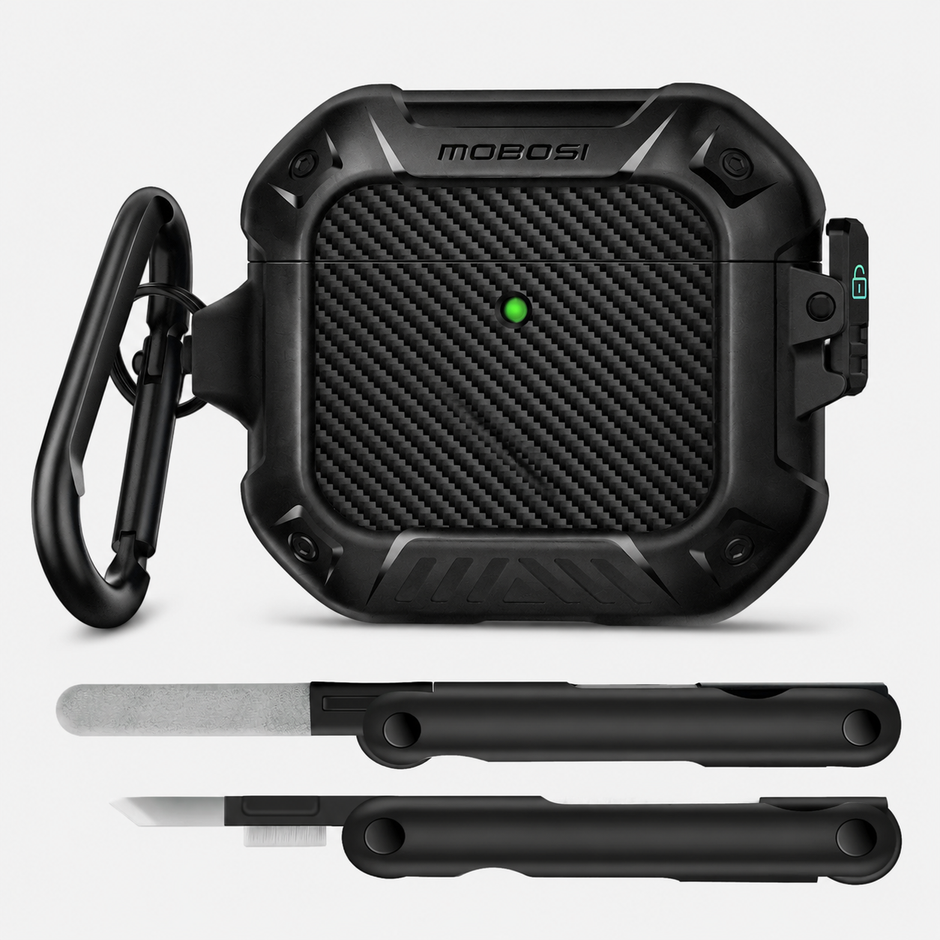 AirPods 4 Case Cover, Shockproof Hard Shell with Lock, Keychain & Cleaner Kit-Black