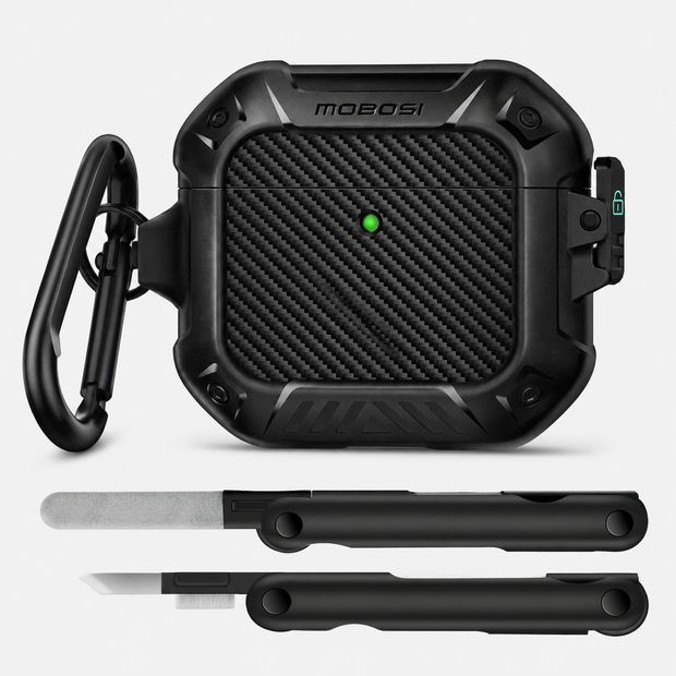 AirPods 4 Case Cover, Shockproof Hard Shell with Lock, Keychain & Cleaner Kit-Black