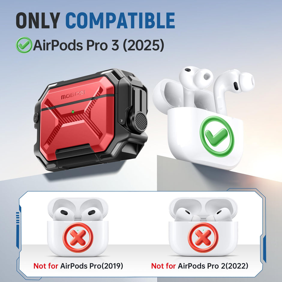 AirPods Pro 3 Case – IP68 Waterproof & Shockproof with MagSafe and Secure Lock-Red