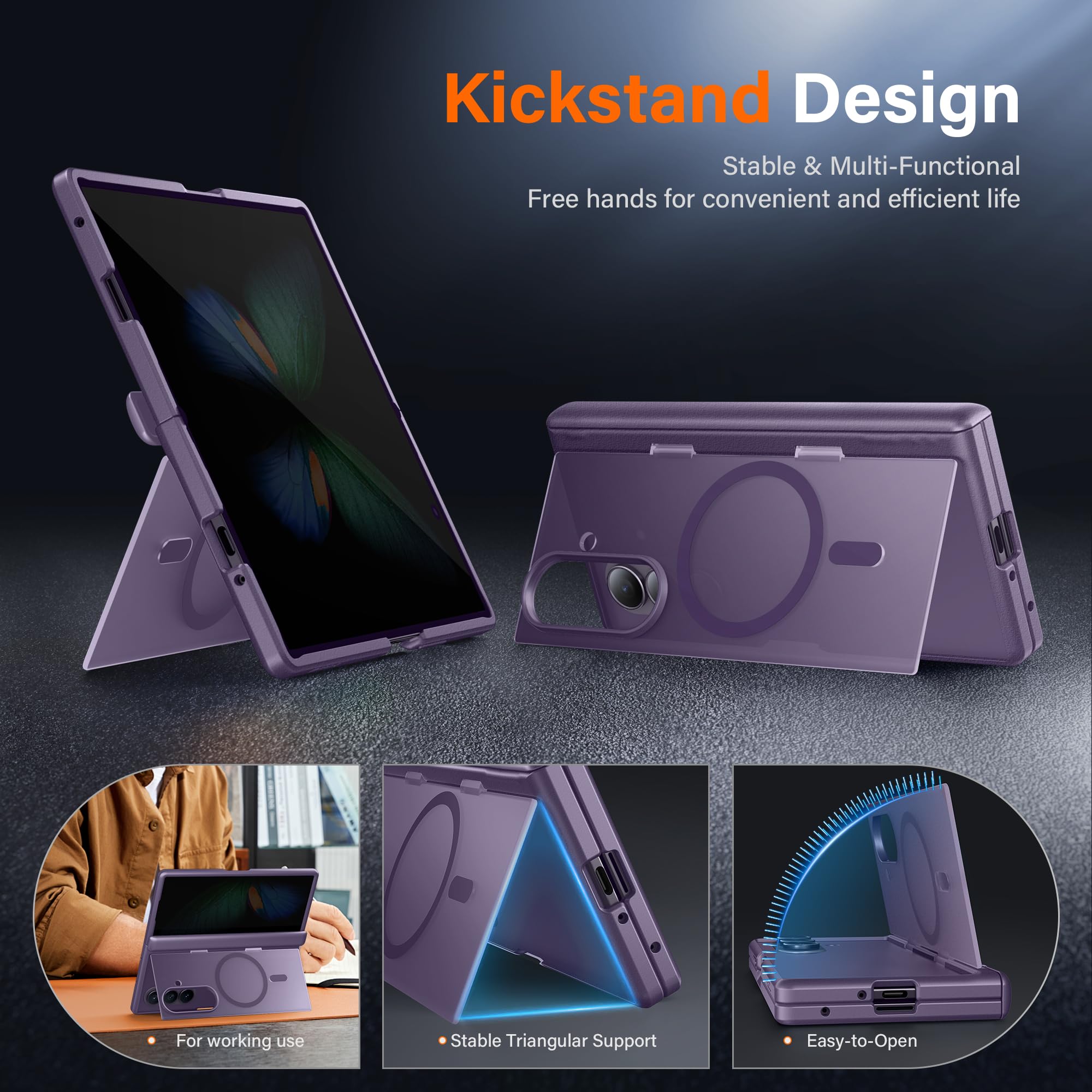 Galaxy Z Fold 8 MagSafe Case with Privacy Screen, Hinge Protection & Landscape Kickstand - Smoky Purple